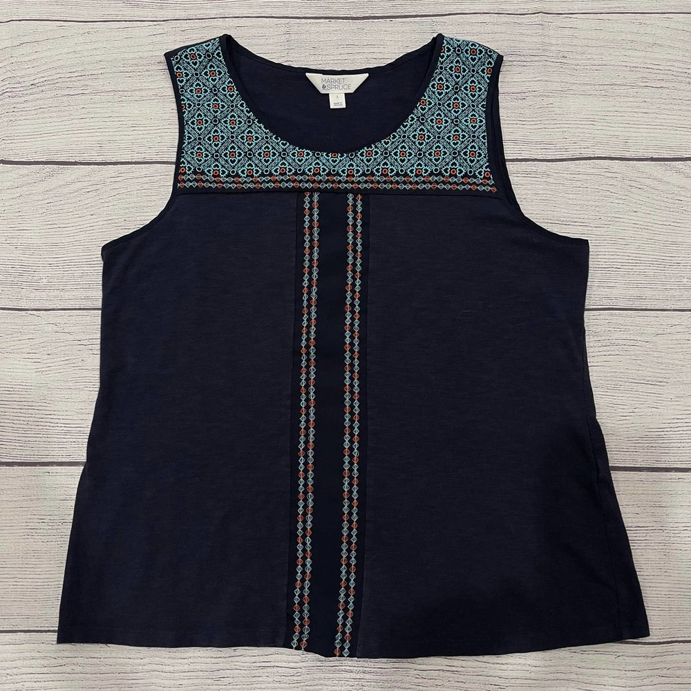 Market & Spruce Sz Large Embroidered Sleeveless Top Navy Blue